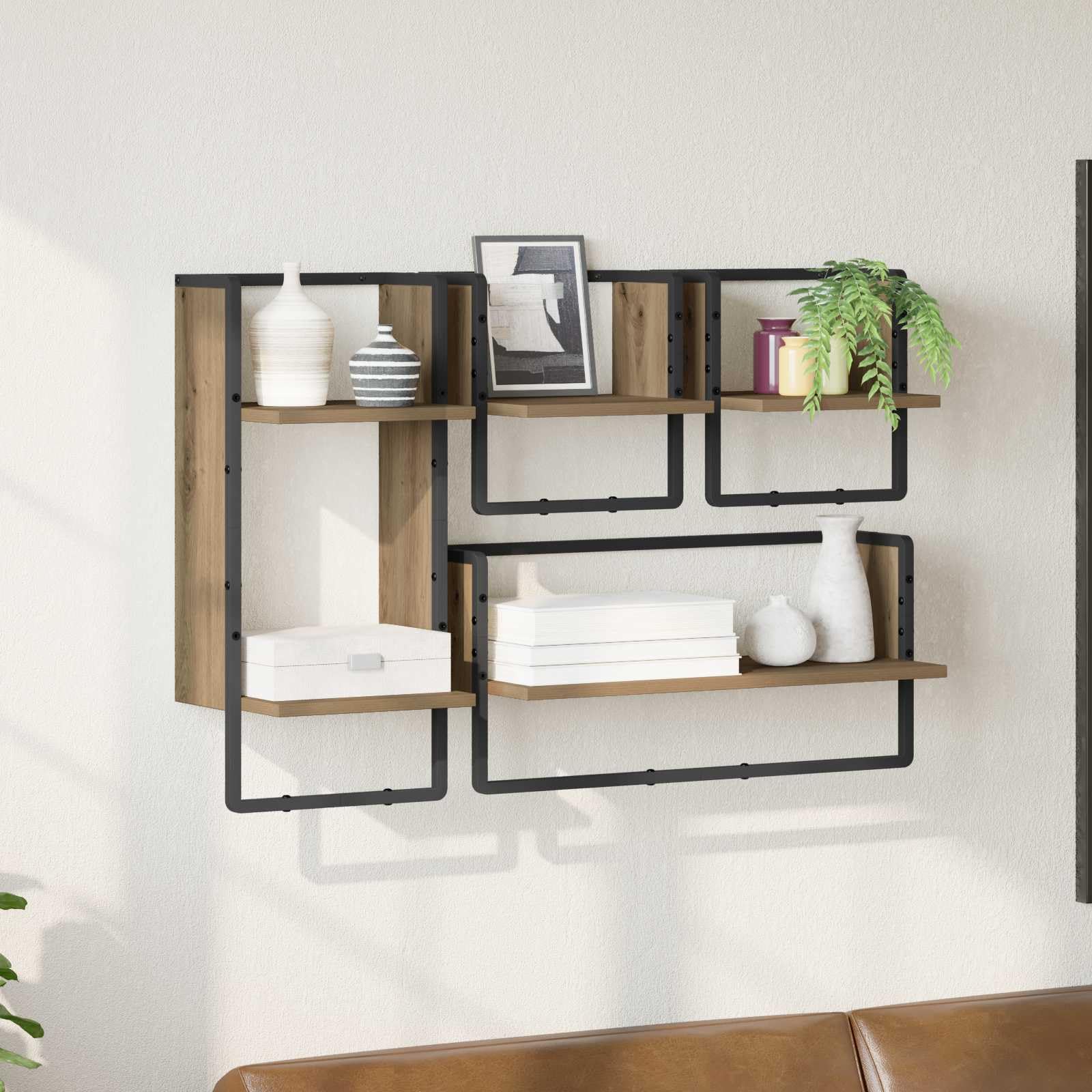 Générique Wandregal-Set, modernes Design, 4-teilig, aus Eiche, handgefertigt, rechteckig, mit stabilem Metallrahmen, für Wohnzimmer, minimalistisches dekoratives Bücherregal