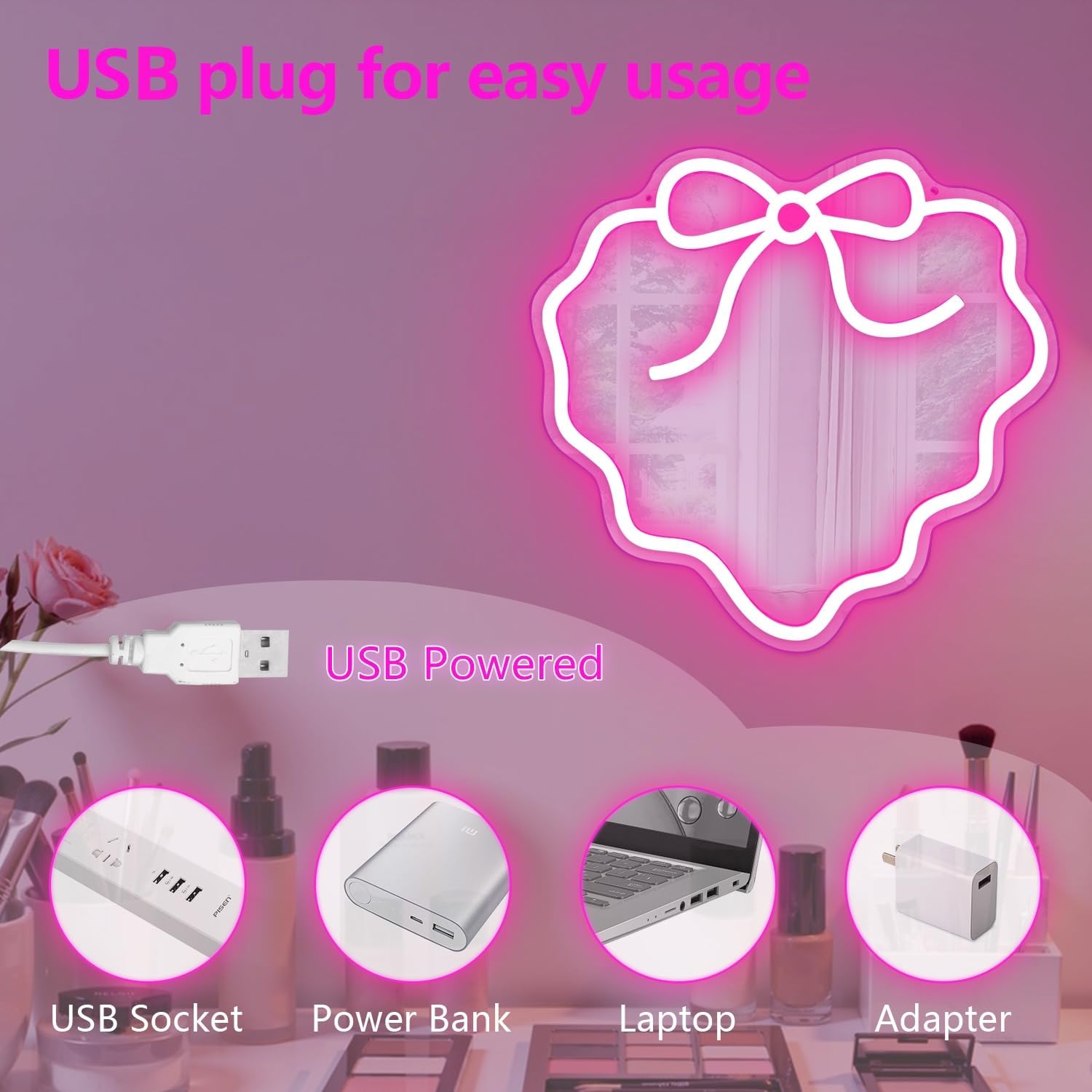 Bow Mirror Neon Sign for wall decor Pink Led Sign for Coquette Room Decor Wall Art Neon Light Dimmable Light Up Sign for Dresser Gifts