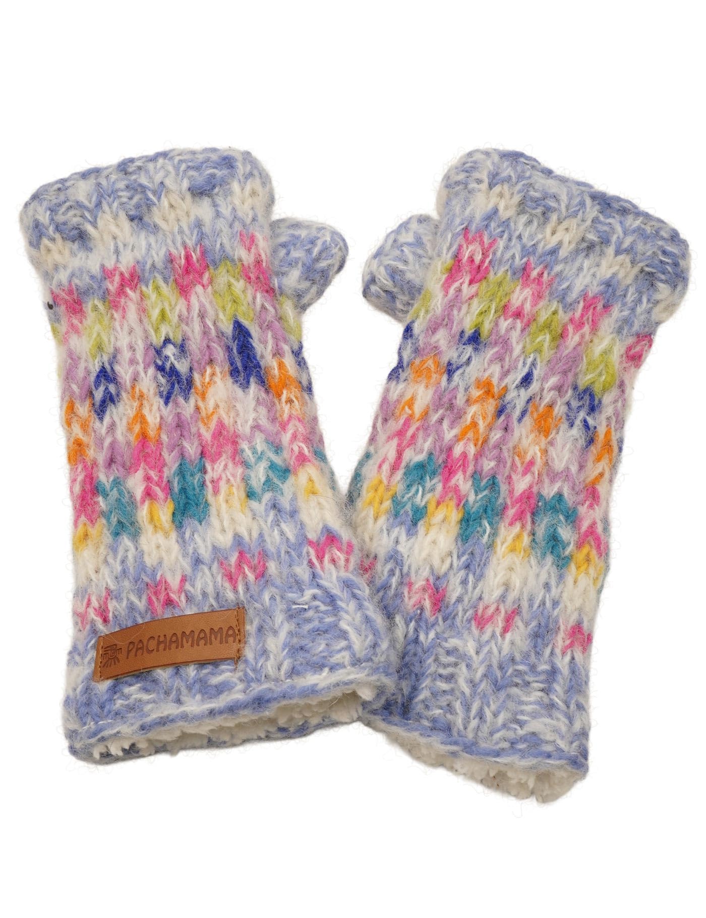 Pachamama Women Soft Wool Mohair Hand Wrist Warmers Sherpa Fleece Lined Handknitted Chequers Pastel Multicoloured One-Size Handmade Thumbhole Thermal Extra Warm Fair Trade (Sky, One Size)