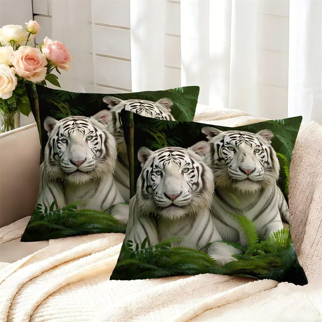 Wangllpgy White Tiger Cushion Covers 35Cm X 35Cm Set Of 2 Throw Pillow Covers Animals Pillow Cases Autumn Sofa Cushions Decorative Pillows With Invisible Zipper Pillowcases For Bedroom Living Room -Gy476
