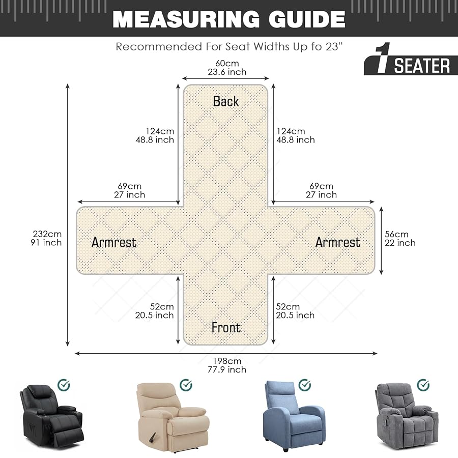 TAOCOCO 100% Waterproof Recliner Chair Covers, Reversible Recliner Covers with Leg Straps, Washable Recliner Sofa Covers for Reclining Chair Furniture Dog Protector with Pocket (Sky Blue, 23.6'') - image 3