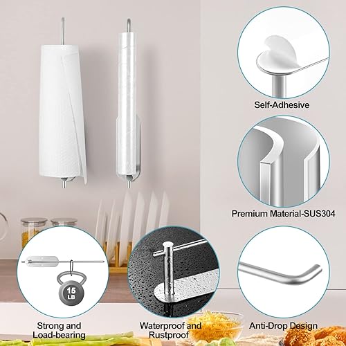 Miniatura 4 de Soporte para toallas de papel debajo del armario de la cocina, autoadhesivo o perforador, soporte para toallas de papel en la pared para cocina,