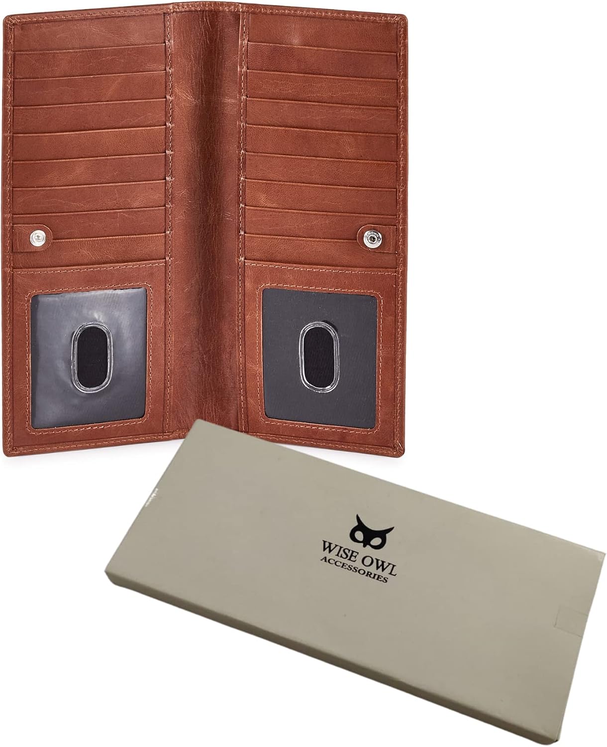 Long Wallet for Men Women Real Leather Bifold RFID Stylish Slim Handmade 2 ID Window Credit Card Holder in Gift Box (Cognac, Wax Pull Up)