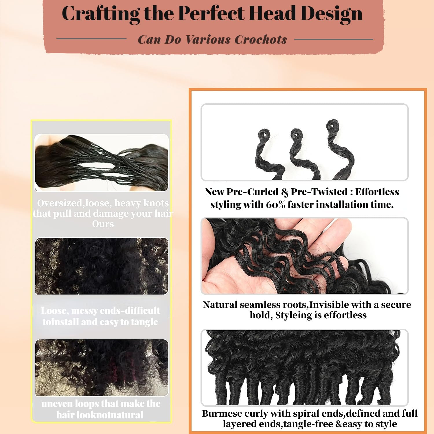 8 Packs Burmese Curly Crochet Hair 14inch Knotless Curly with Spiral Curl Ends Synthetic Hair for Women Pre looped Bohemian Crochet Braids Braiding Feather Crochet Hair Extensions (14inch, 1B)