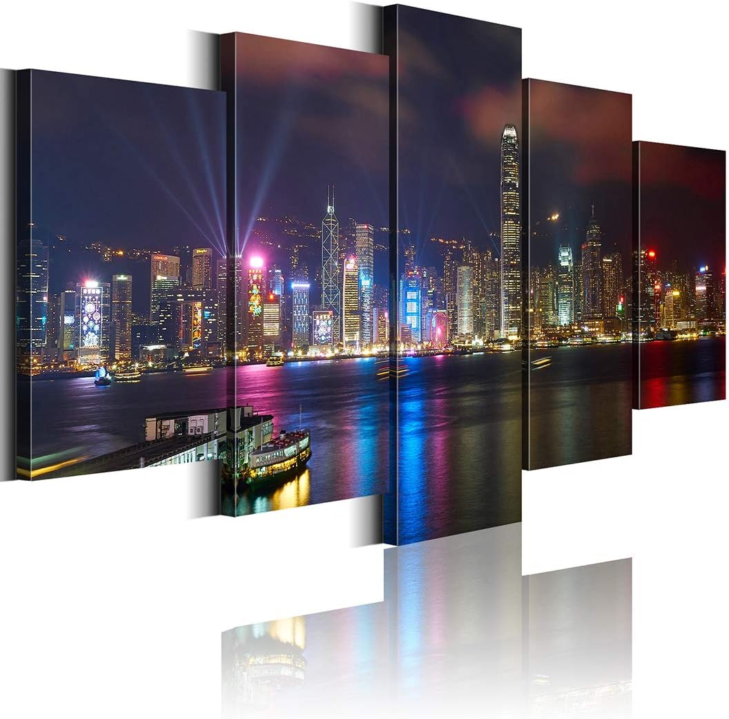 Cityscape Wall Art Hong Kong at Night Canvas Print Picture 5 Pieces City Skyline Painting Artwork for Bedroom Living Room Decoration (40"W x 20"H / S)