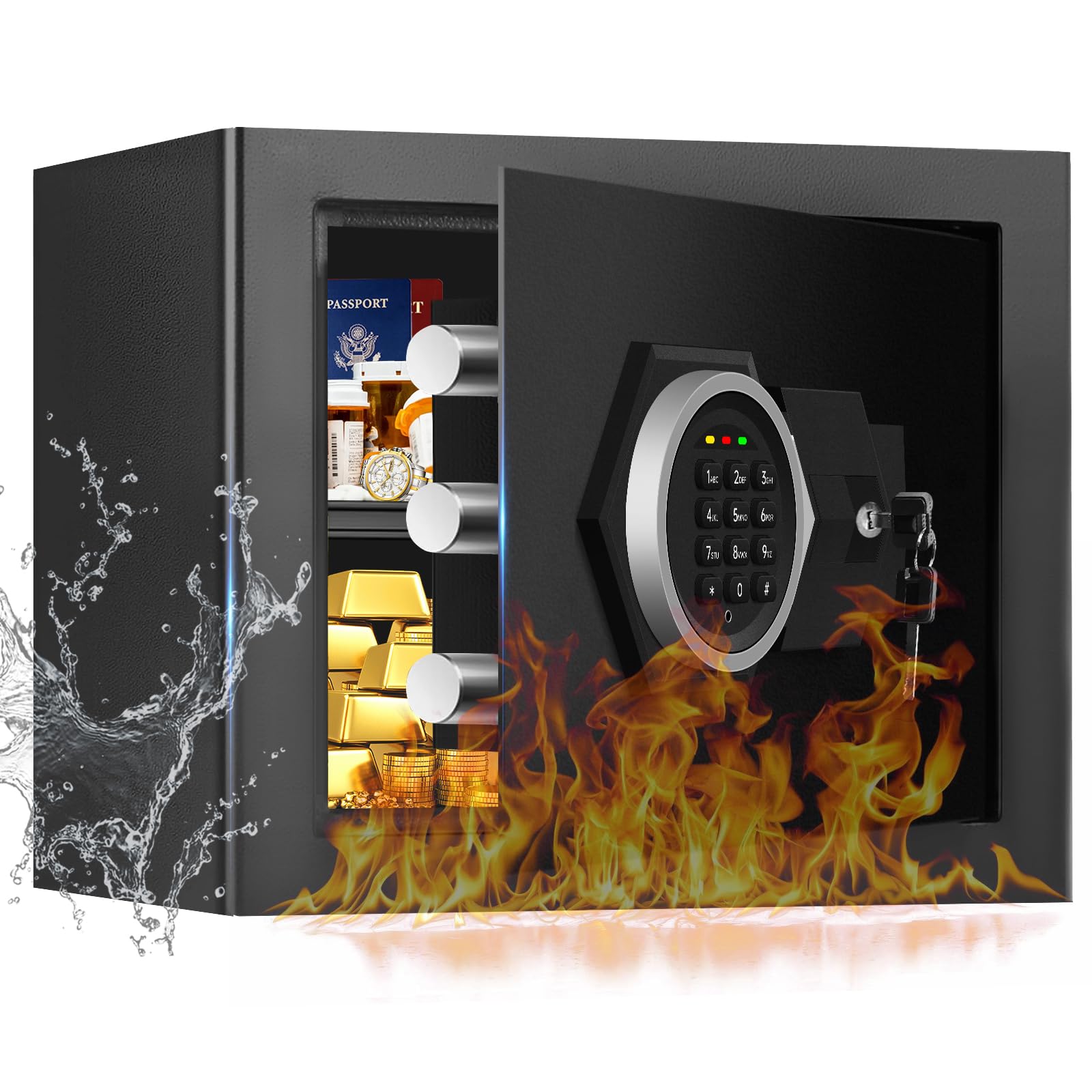 1.3 Cub Kleiner Sicherheitssafe für Zuhause Feuerfest, Anti-Diebstahl Feuersafe Box mit digitaler Tastatur, Ersatzschlüsseln & abnehmbarem Regal, Sicherheitsbox für persönliche Dokumente, feuerfest
