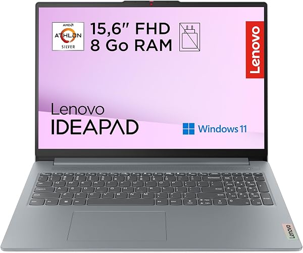 Lenovo IdeaPad Slim 3 15AMN8 - Ordinateur Portable 15.6'' FHD (AMD Athlon Silver 10H, RAM 8Go, SSD 128Go, AMD Radeon 610M Graphics, Windows 11 Home) Clavier AZERTY Français Non rétroéclairé - Gris