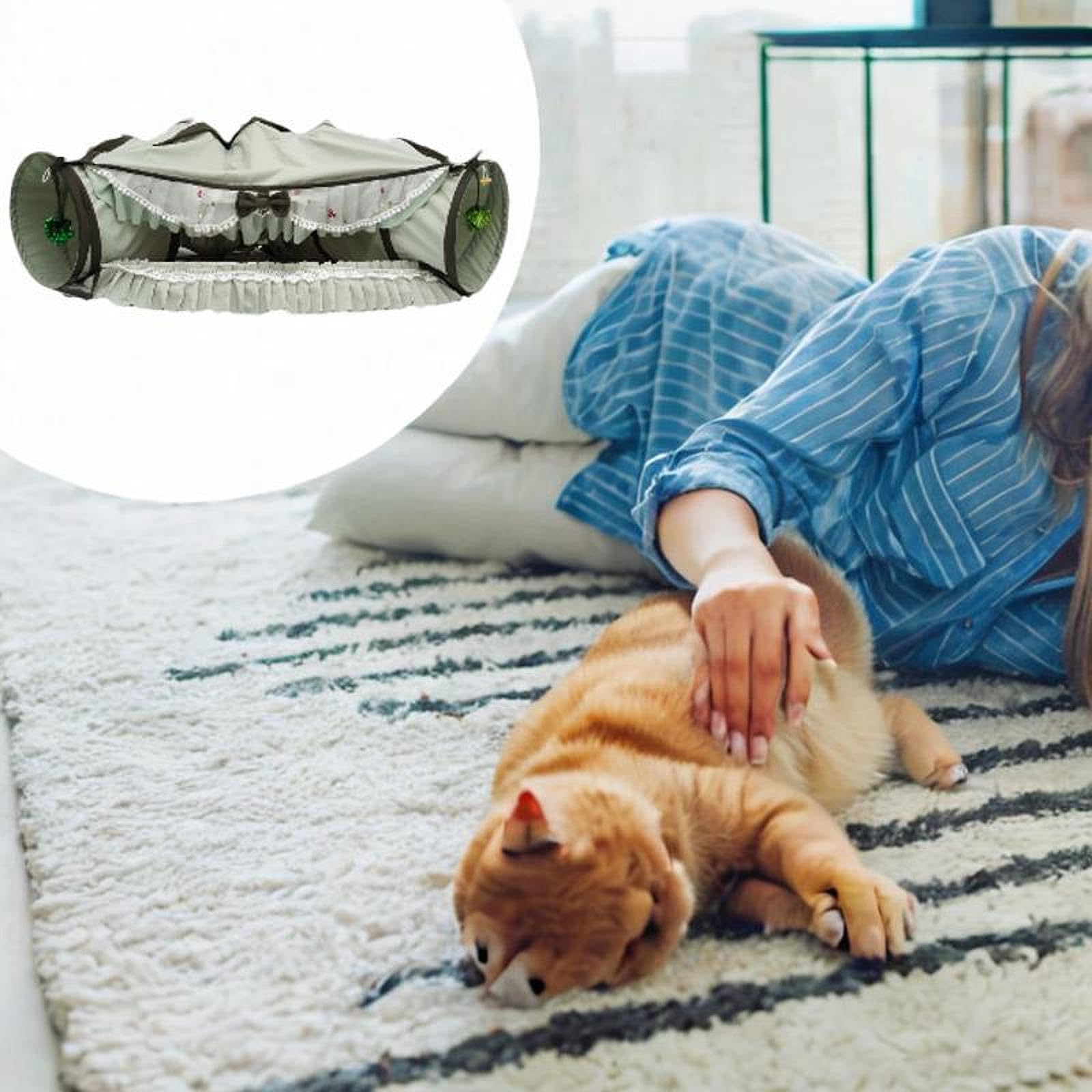 Tunnel Interactif 2 en 1 pour Chat, Cabane et Cachette, Jouet pour Chatons, Chats D'intérieur, Lapins et, Vert