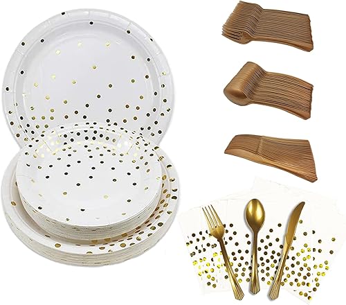 Miniatura 1 de Guang Mao Suministros de fiesta blancos y dorados 150 piezas sirven 25 platos de papel de punto dorado, servilletas, tenedores de plástico dorado,