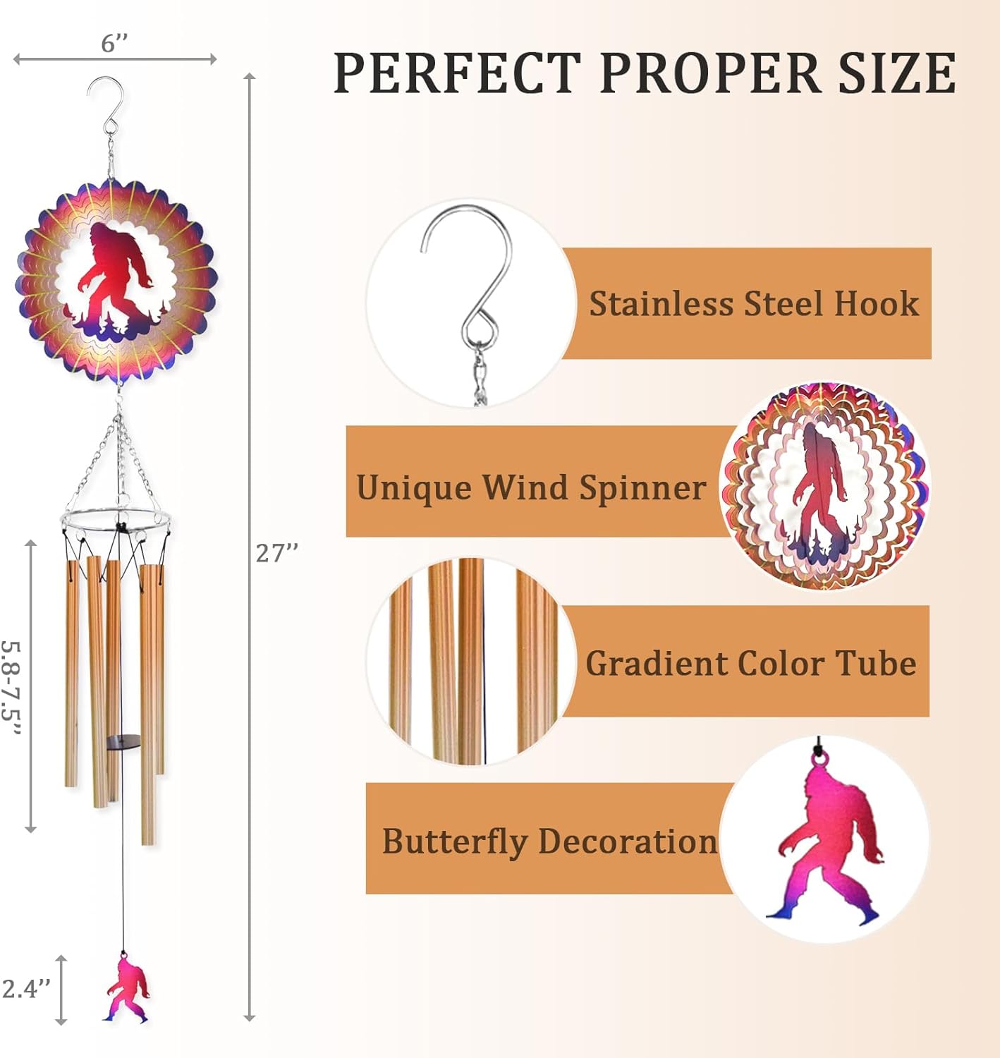 Wind Chimes for Outside with Bigfoot Wind Spinner, Unique Big Foot Wind Chime Gifts for Men Dad Grandpa Brothers Friend Fathers Day Birthday, Sasquatch Windchimes Outdoor Garden Yard Decor