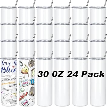 Muwnrol 30 Oz Sublimation Tumblers Bulk, Sublimation Tumbler Stainless Steel Double Wall Vacuum Insulation Cups with Straw, Individually Box 24 Pack