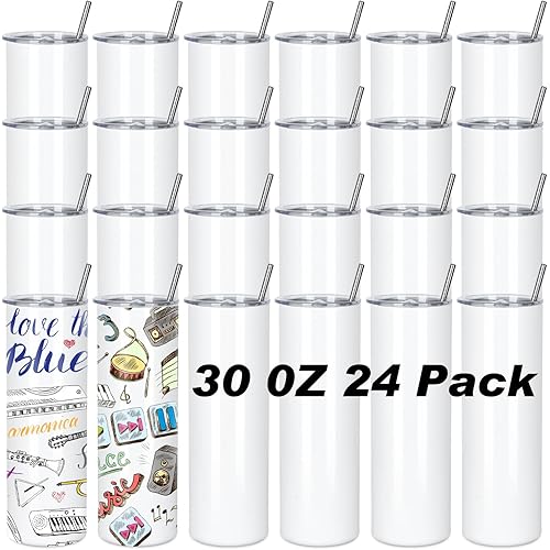 30 Oz Sublimation Tumblers Bulk (24 Pack) - Stainless Steel Double Wall Vacuum Insulated Cups With Straw, Individually Boxed