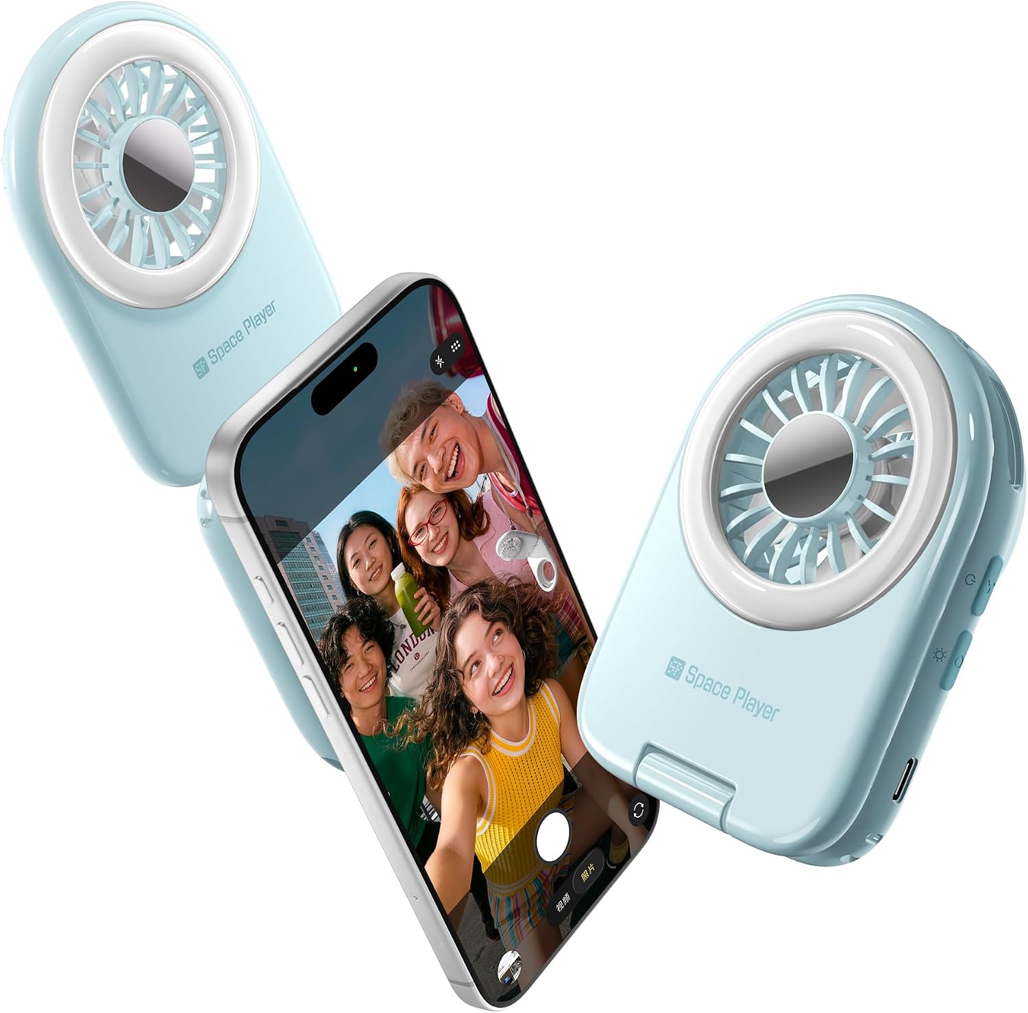 Space Player Magnetic Cooling Fan with LED Light 9900RPM 3-in-1 Magnetic Phone Stand & Portable Fan MagSafe Compatible Rechargeable Ultra-Light Handheld Fan for iPhone Android Gaming Desk Travel,Blue