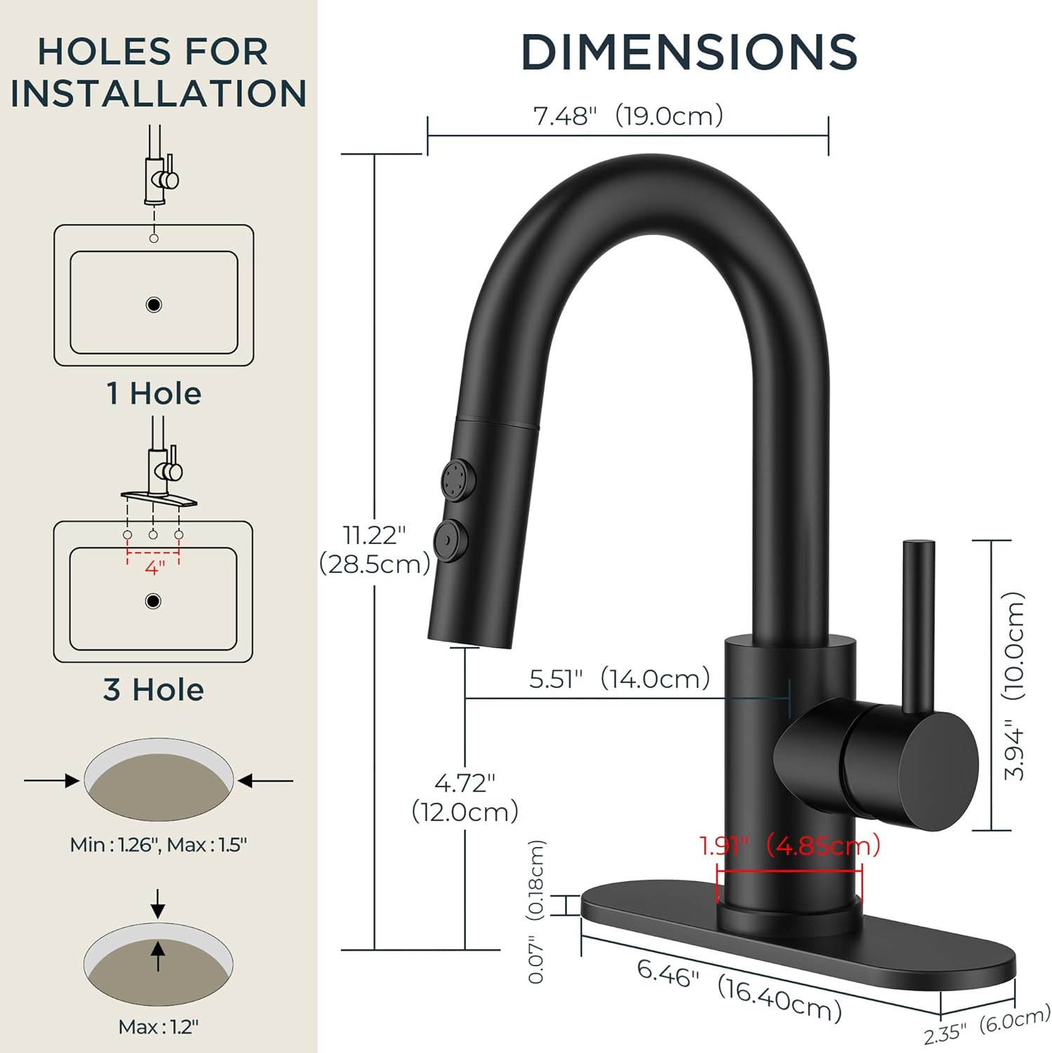 FORIOUS Matte Black Bathroom Faucet with Pull Down Sprayer, Single Hole Bar Sink Faucet 1 Hole with Pop Up Drain Hose, Suitable for Bathroom, RV,Vanity, Restroom & Utility Sink - Image 2