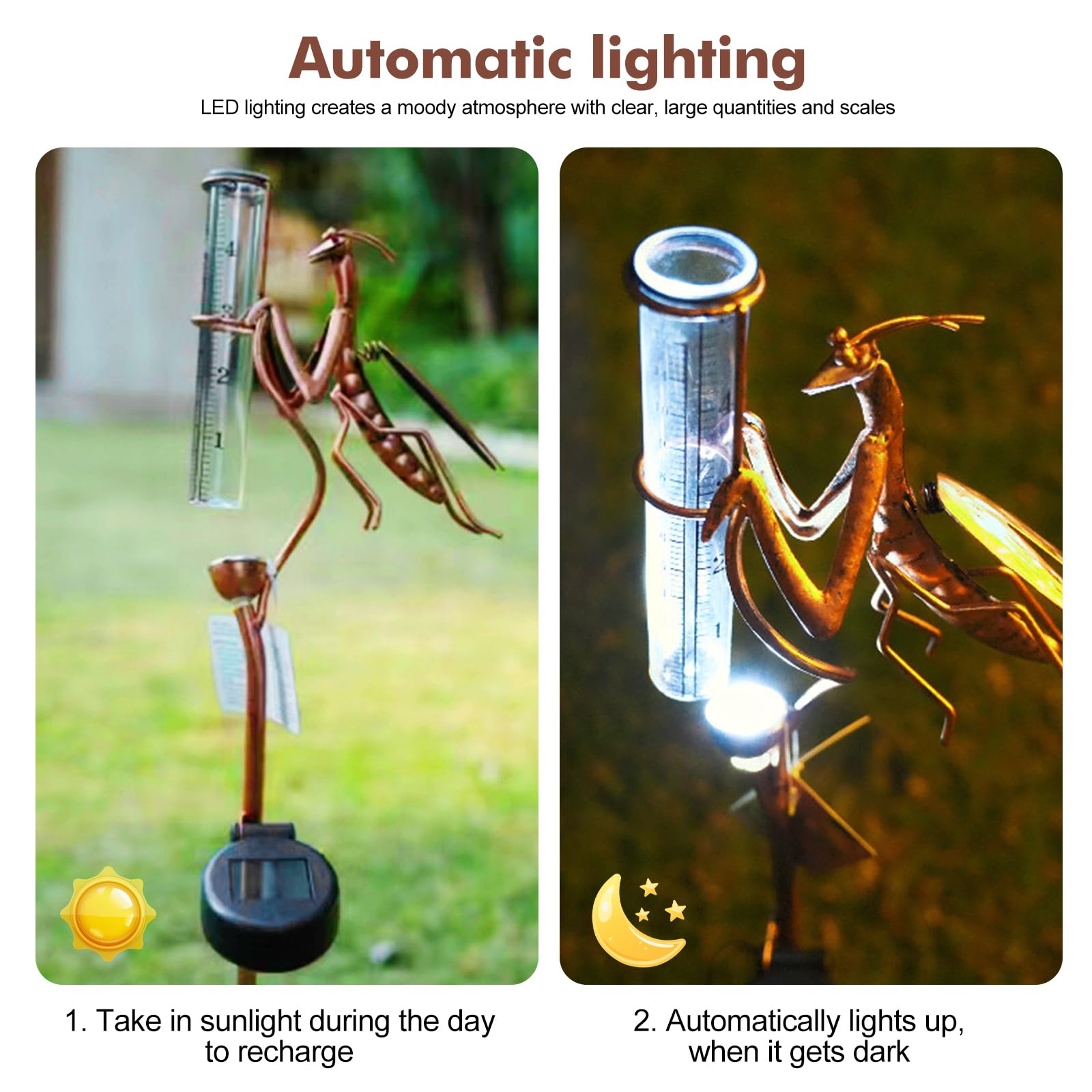 Pluviomètre solaire pour jardin, 61 cm, couteau de précipitation avec piquet, compteur d'eau de pluie décoratif, verre sur prise de jardin pour extérieur, pelouse, chemin, terrasse