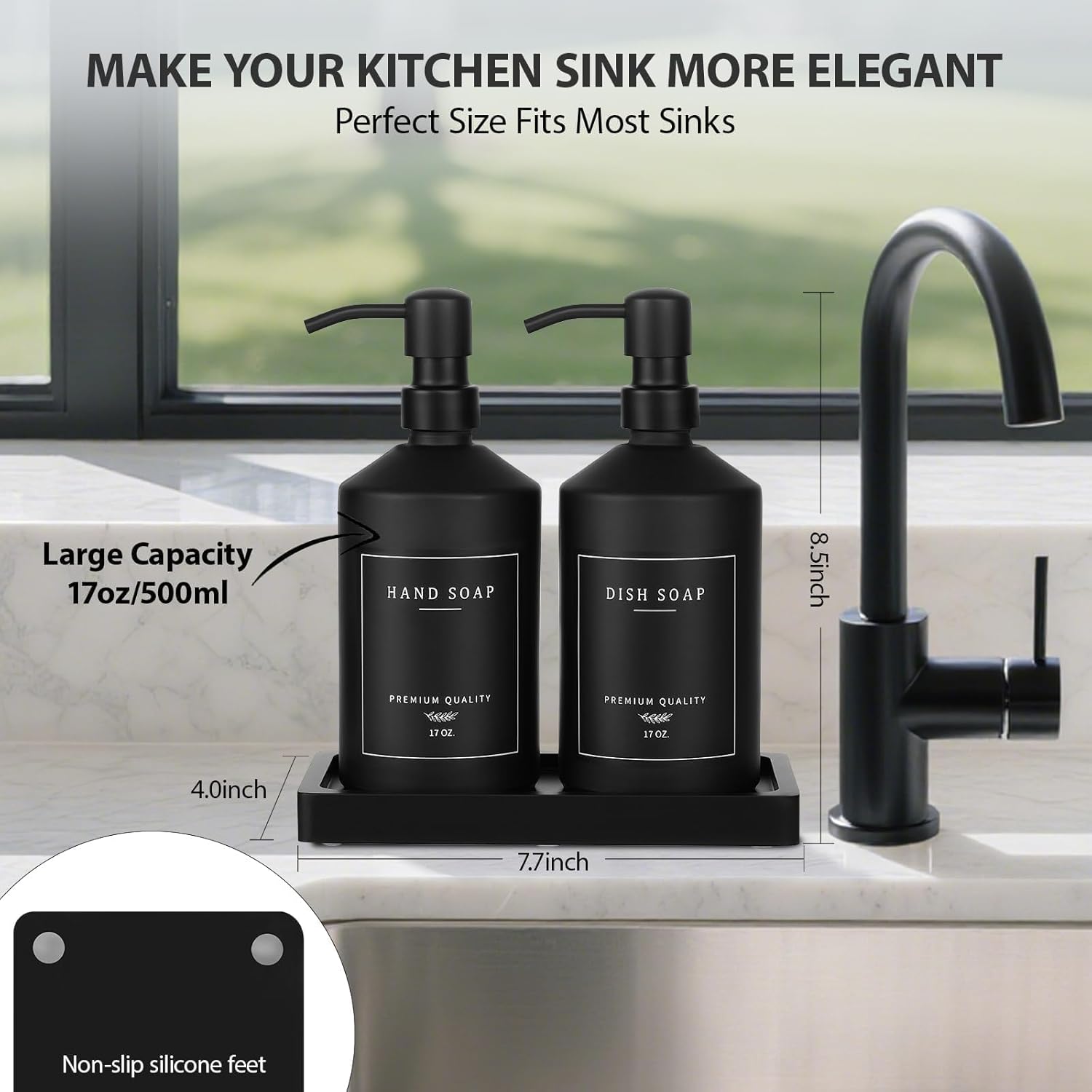 Matte Black Soap Dispenser Set, 17 OZ Hand and Dish Soap Dispenser Set, Bathroom Refillable Soap and Lotion Dispenser Set with Stainless Pump, Modern Liquid Soap Bottle Set(Black Bottle/Black Pump) - Image 2