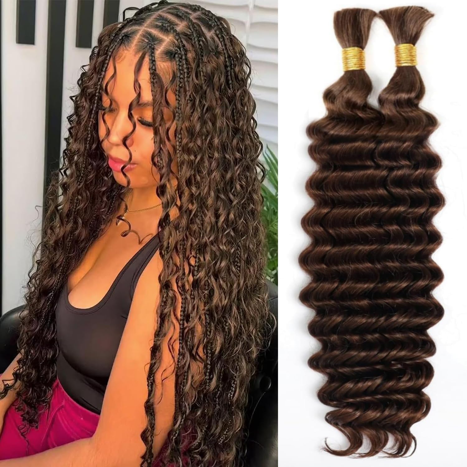 Chocolate Brown #4 Human Braiding Hair Deep Water Wave for Boho Braids 1 Bundle 45g 18 Inch Bulk Human Hair for Braiding No Weft 12A Curly Human Hair Extensions