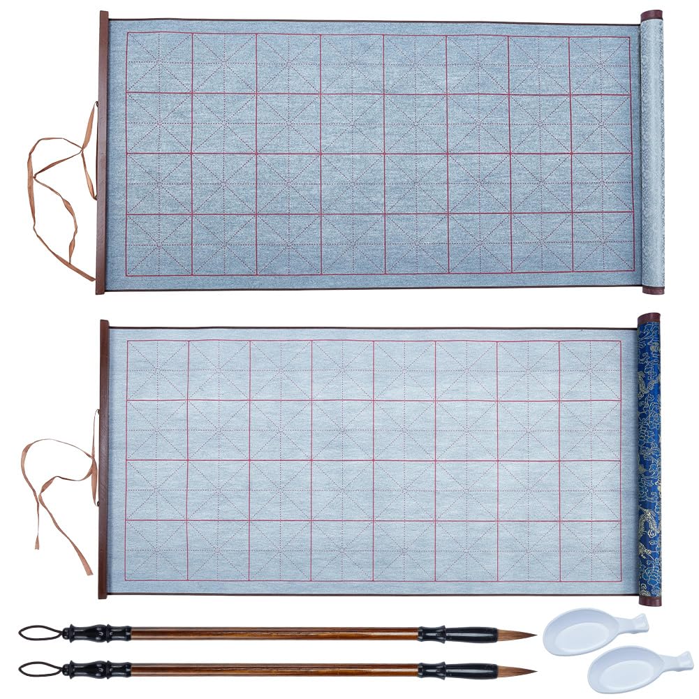 WEBEEDY 2 Pcs Chinese Calligraphy Cloth Set with with 2 Chinese Brushes and 2 Plastic Dish, Magic Canvas with Grid No Ink Scroll Calligraphy Practice Kit Magic Water Painting Paper