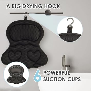 Bath Pillows for Tub Luxury, Bath Pillow for Head and Neck, Fit Bathtub Hot Tub Relaxing Gifts for Women, Comfort 4D Air Mesh Fabric & 6 Non-Slip Suction Cups, Black