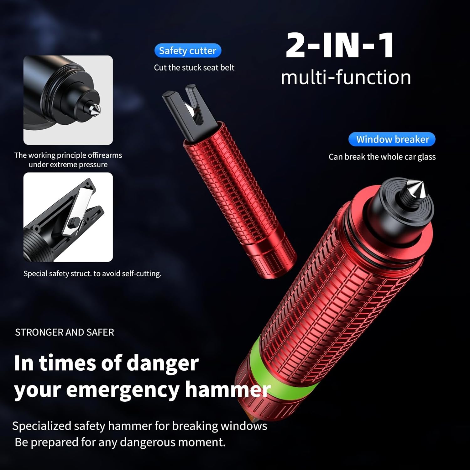Window Breaker Seatbelt Cutter,2 in 1 Car Safehammer Window Punch Emergency Escape Tool,Safety Hammer Glass Breaker Seat Belt Cutter Keychain Underwater for Automotive (3, redblacksilver)