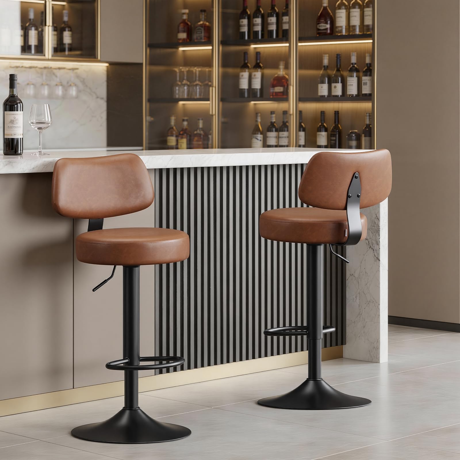 WOLTU Taburetes Altos de Cocina Juego de 2, Giratorio 360° y Ajustable en Altura, Taburete Bar con Respaldo y Reposapiés, Tapizado en Piel Sintética, para Comedor y Cafetería, Marrón Rústico