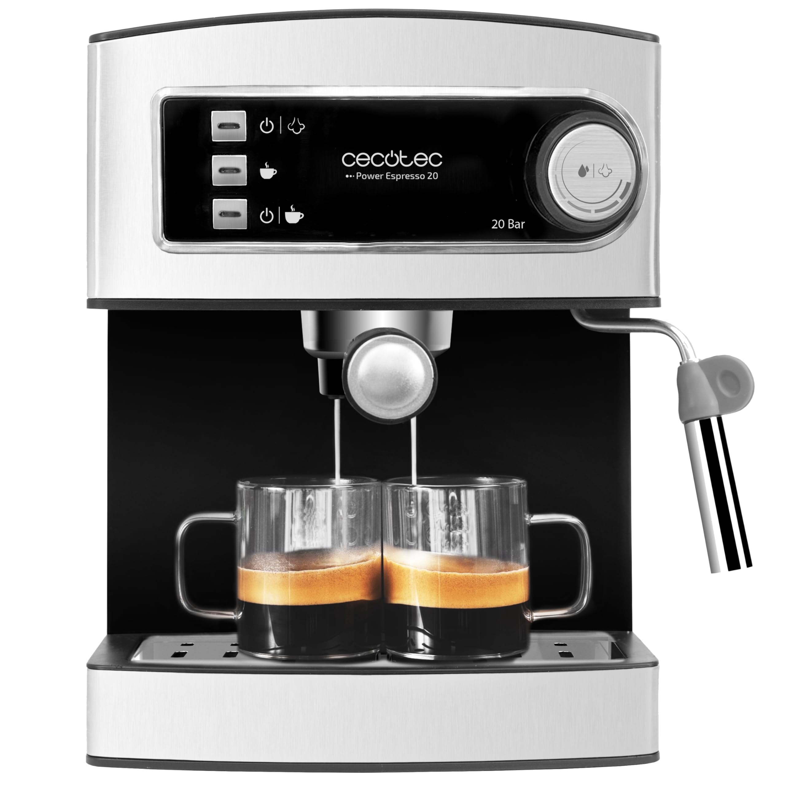 Cecotec Macchina da Caffè Espresso per Espresso e Cappuccino Power Espresso 20. 850W, 20 Bar, 2 Tazze, Vaporizzatore, 1.5L, Doppio Braccio, Scalda Tazze, Vassoio Gocce, Indicatori Luminosi, Sicurezza