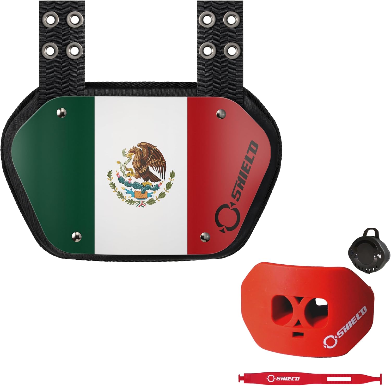 O Shield Mexican Flag Football Backplate with Red Mouthguard, Backplate Football with Mouthguard, Sold by Package, Youth Fit