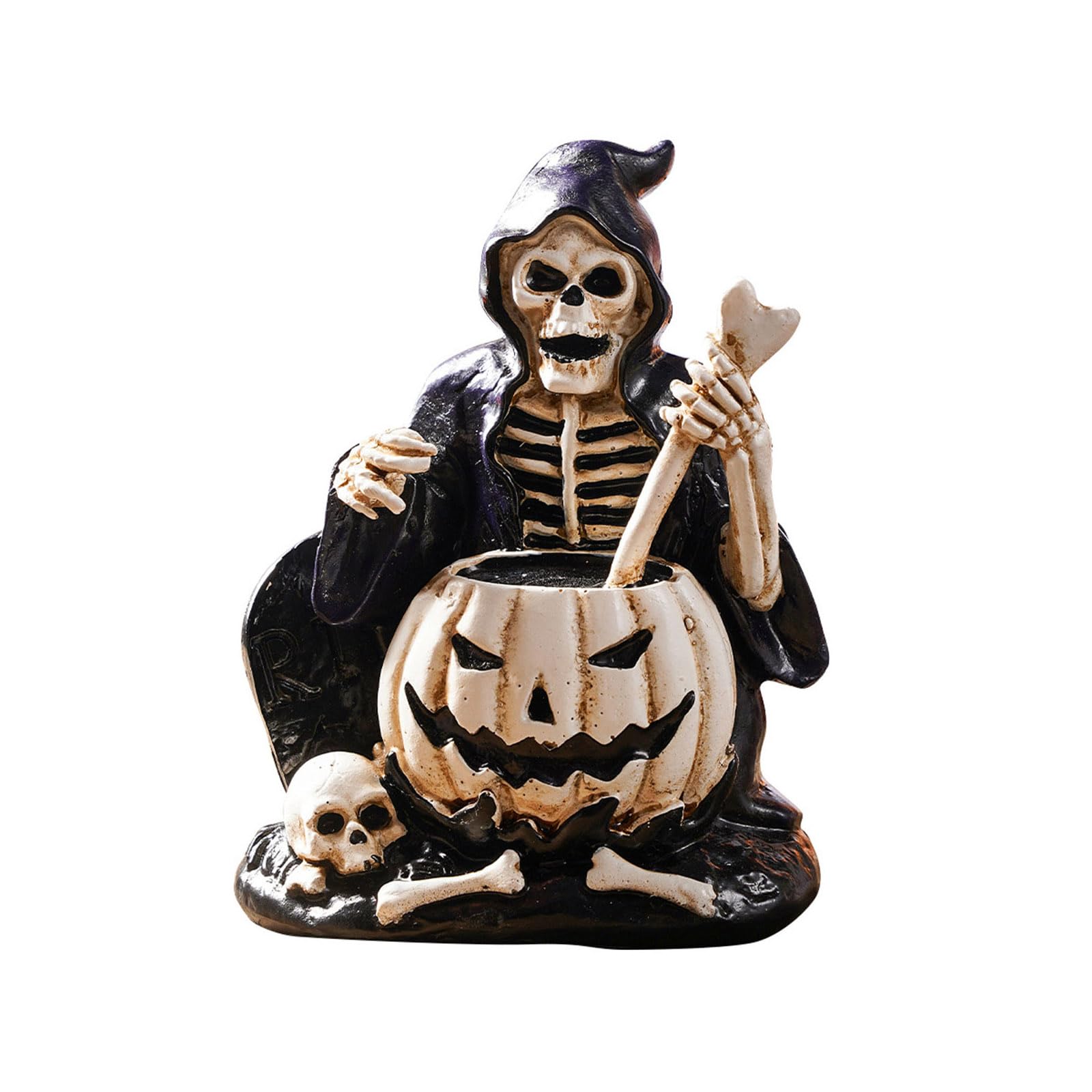 Halloween Home Decoration Skeleton Figurine, Small Resin Tabletop Display with Pumpkin Accent, Freestanding Decor for Shelf Desk and Mantel Witch Skull Statue Skeleton Figurine Halloween Tabletop Desk