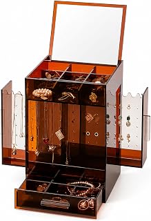 Acrylic Jewelry Organizer with Mirror, Jewelry Storage Box with Necklace Holder, Earring Display Stand, Ring Tray & Drawer, Transparent Vanity Organizer for Women
