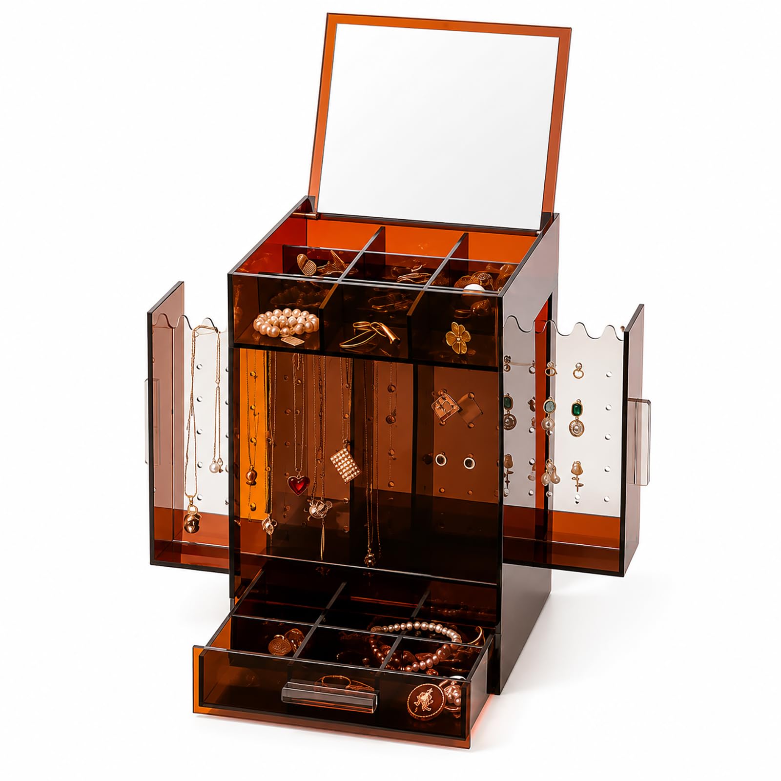Organizador De Joyas De Acrílico con Espejo, Caja De Almacenamiento De Joyas con Soporte para Collares, Expositor De Pendientes, Bandeja Y Cajón para Anillos