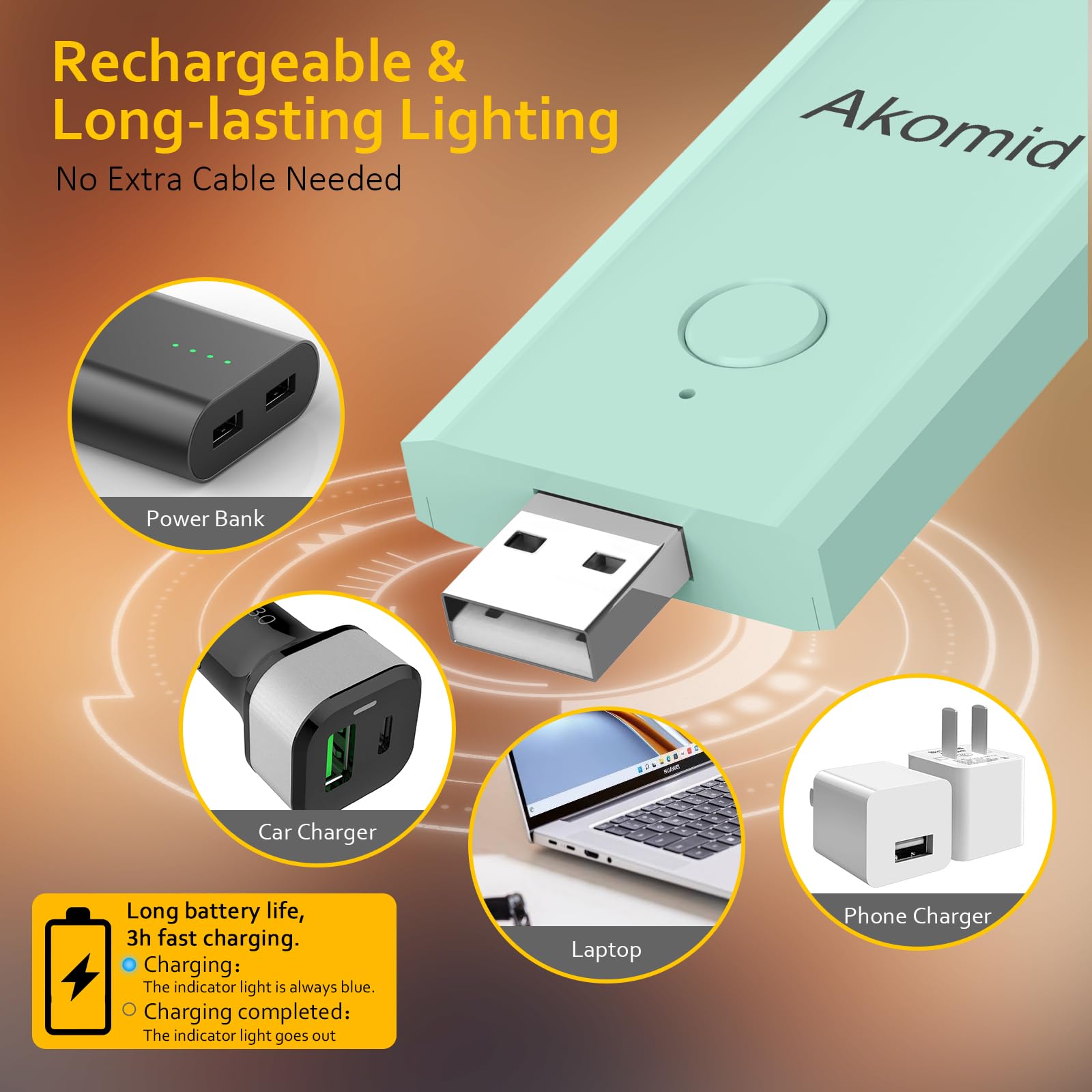 Akomid Lampe de lecture rechargeable par USB, à clipser, lumière ambrée pour lire au lit des enfants, 8 LED, intensité variable en continu, turquoise