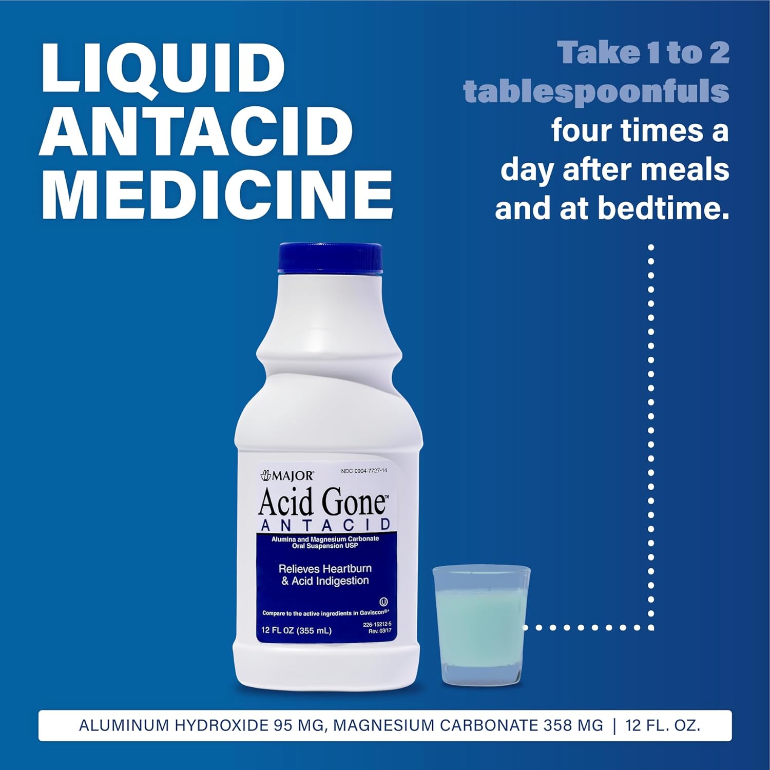 MAJOR Acid Gone Antacid Liquid - Acid Reflux Medicine for Adults - Upset Stomach, Acid Indigestion, and Heartburn Relief - Spearmint Flavored - 12 Fl. Oz. (4 Pack)
