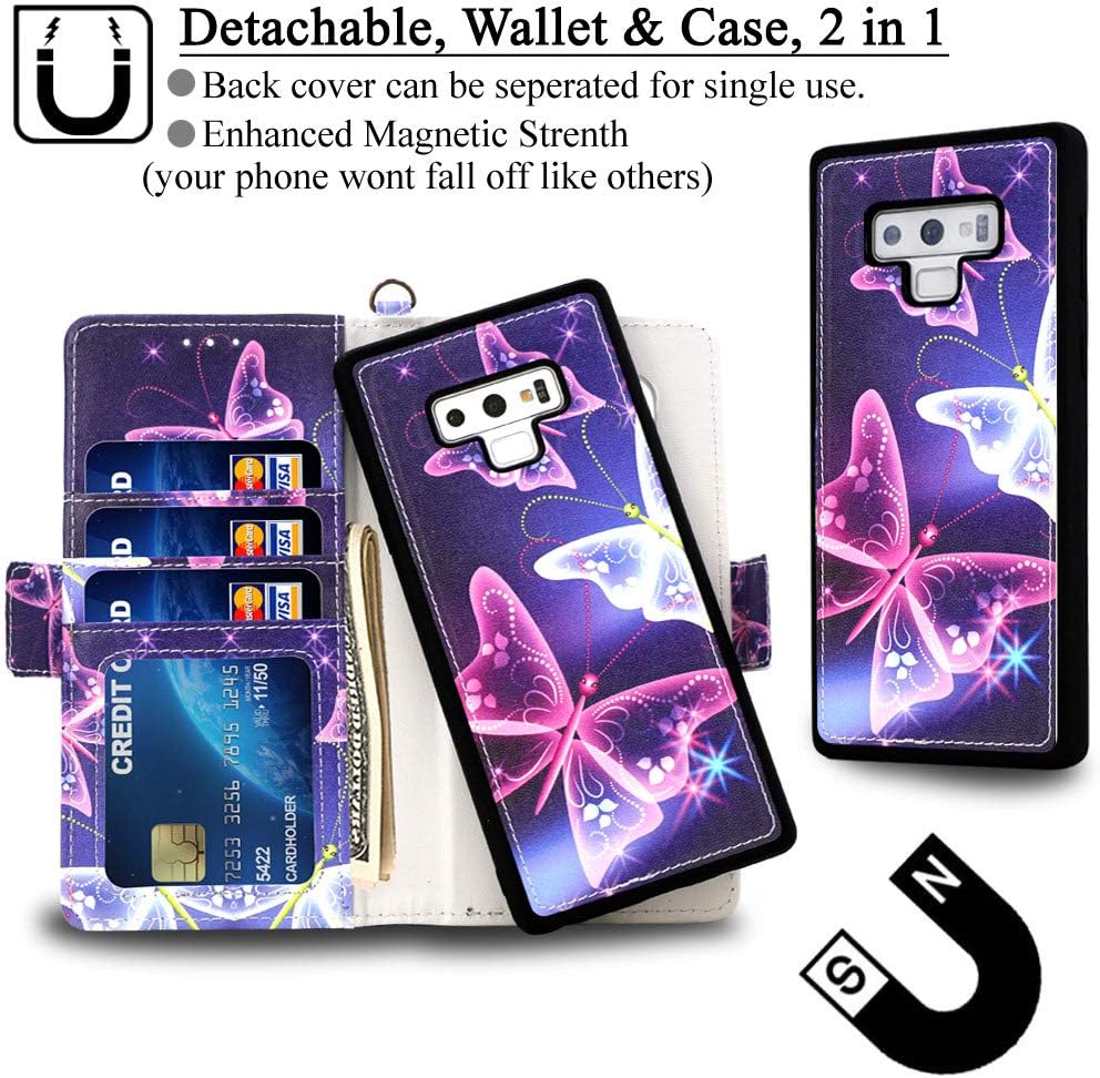 MEFON Galaxy Note 9 Wallet Case Leather Detachable, Durable Slim, Enhanced Magnetic Closure, with Wrist Strap, Card Slot, Kickstand, Luxury Flip Folio Cases for Samsung Galaxy Note9 6.4 (Butterfly 2)