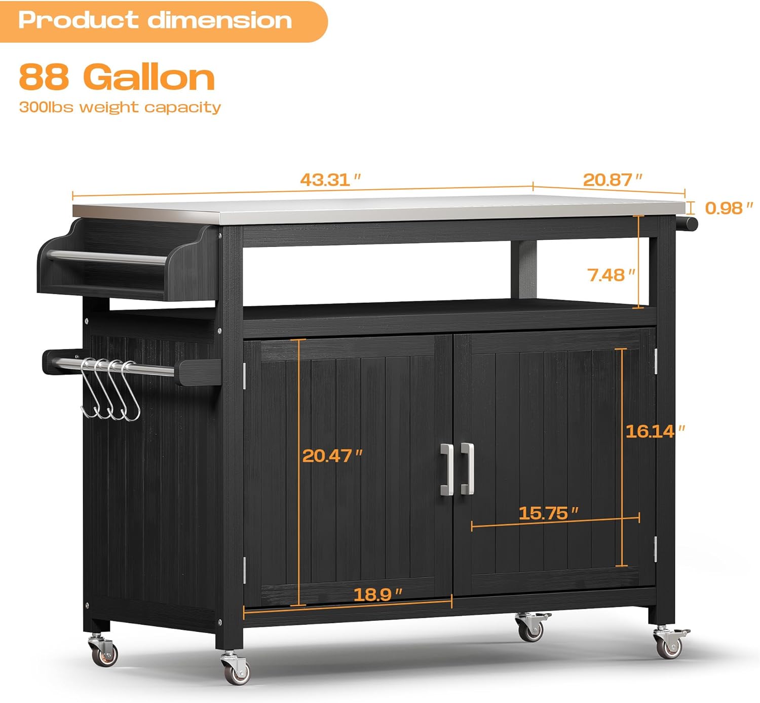 43.3-Inch Outdoor Kitchen Island with Storage Cabinet and Stainless Steel Top, Solid Wood Prep Station Grill Table with Lockable Wheels for Patio, Backyard, Party (Black)