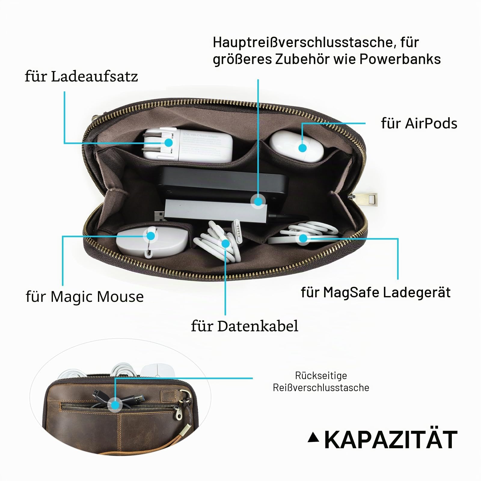 CONTACT'S Family Kabel Organizer Tasche, Kabeltasche Organizer Leder, Leather Elektronischer, Tech Pouch, Leder Kabeltasche