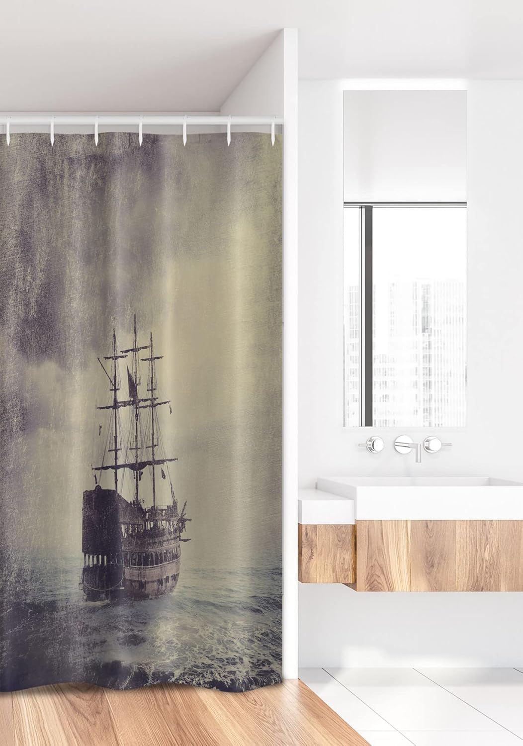 Ambesonne Nautical Stall Shower Curtain, Old Pirate Ship in The Sea Historical Cruise Retro Voyage Grunge Style Art, Fabric Bathroom Decor Set with Hooks, 36" W x 72" L, Plum Tan