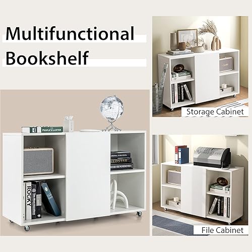 Miniatura 8 de Archivador lateral, gabinete de almacenamiento de madera con puertas y estantes, aparador de cocina con 6 ruedas universales, soporte de impresora