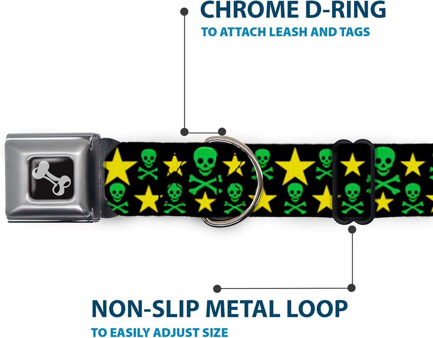 Dog Collar Seatbelt Buckle Skulls Stars Black Green Yellow 11 to 17 Inches 1.0 Inch Wide