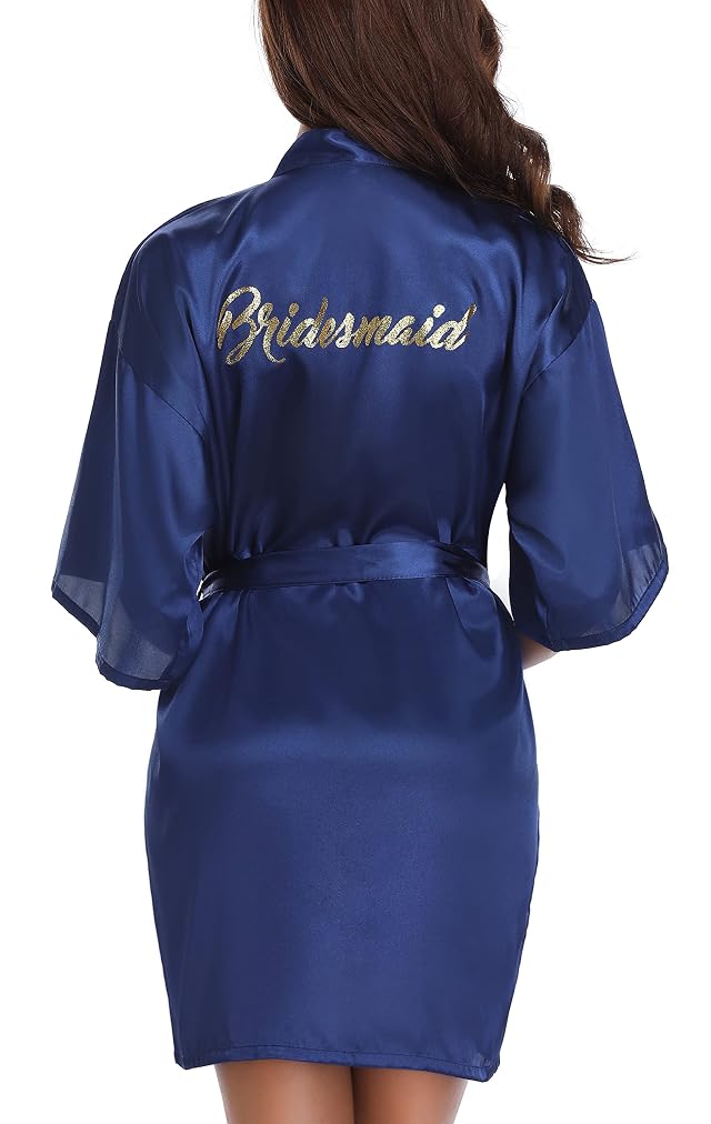 Vlazom Womens Satin Robe Short Kimono Bathrobes for Bride Bridesmaid Wedding Party Robes with Gold Glitter or Rhinestones