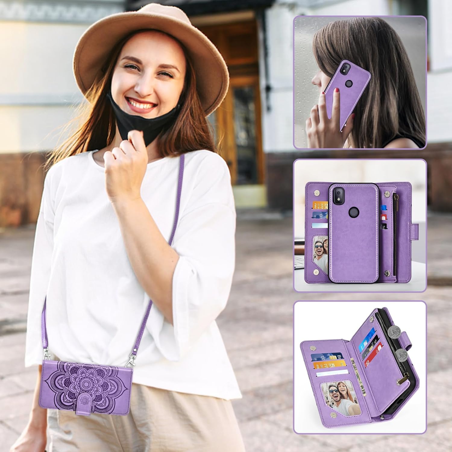 Asuwish Phone Case for T-Mobile Revvl 4 Zipper Wallet Cell Cover with Tempered Glass Screen Protector Strap Flower Card Holder Tmobile Revvl4 T Mobile Revel Revell Four TCL Revll4 Women Girls Purple