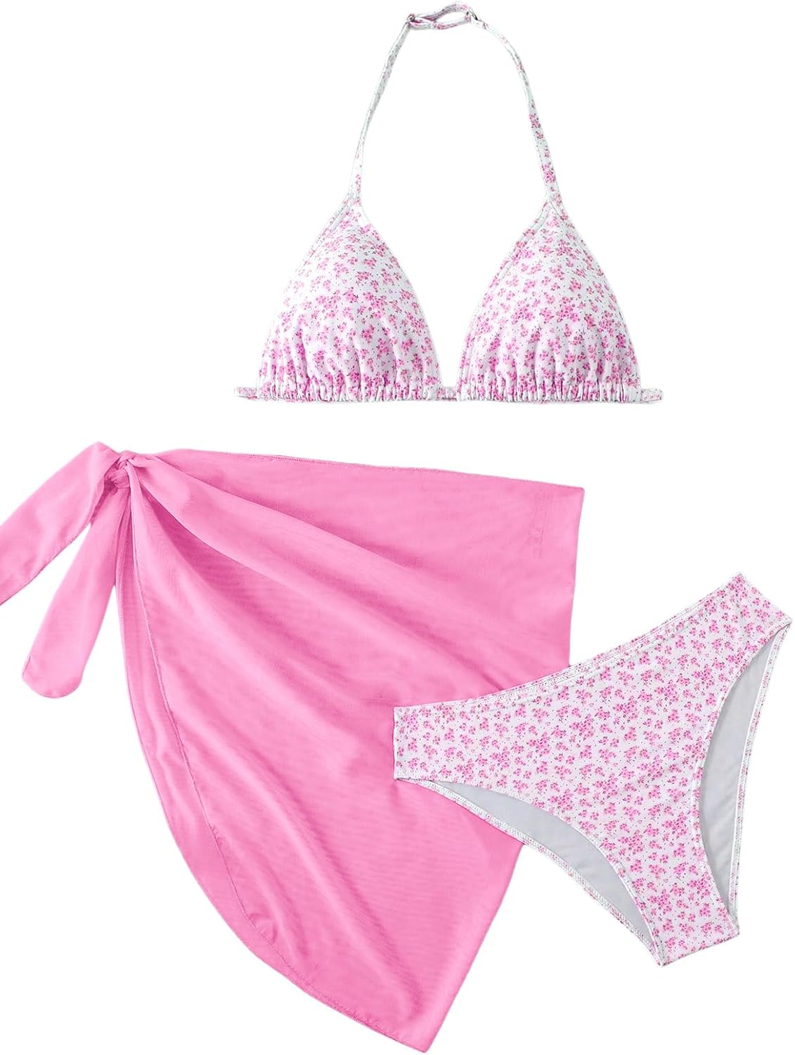 SOLY HUX Girl's Summer Swimsuit Set Floral Halter Triangle Bikini Set with Wrap Skirts Beachwear