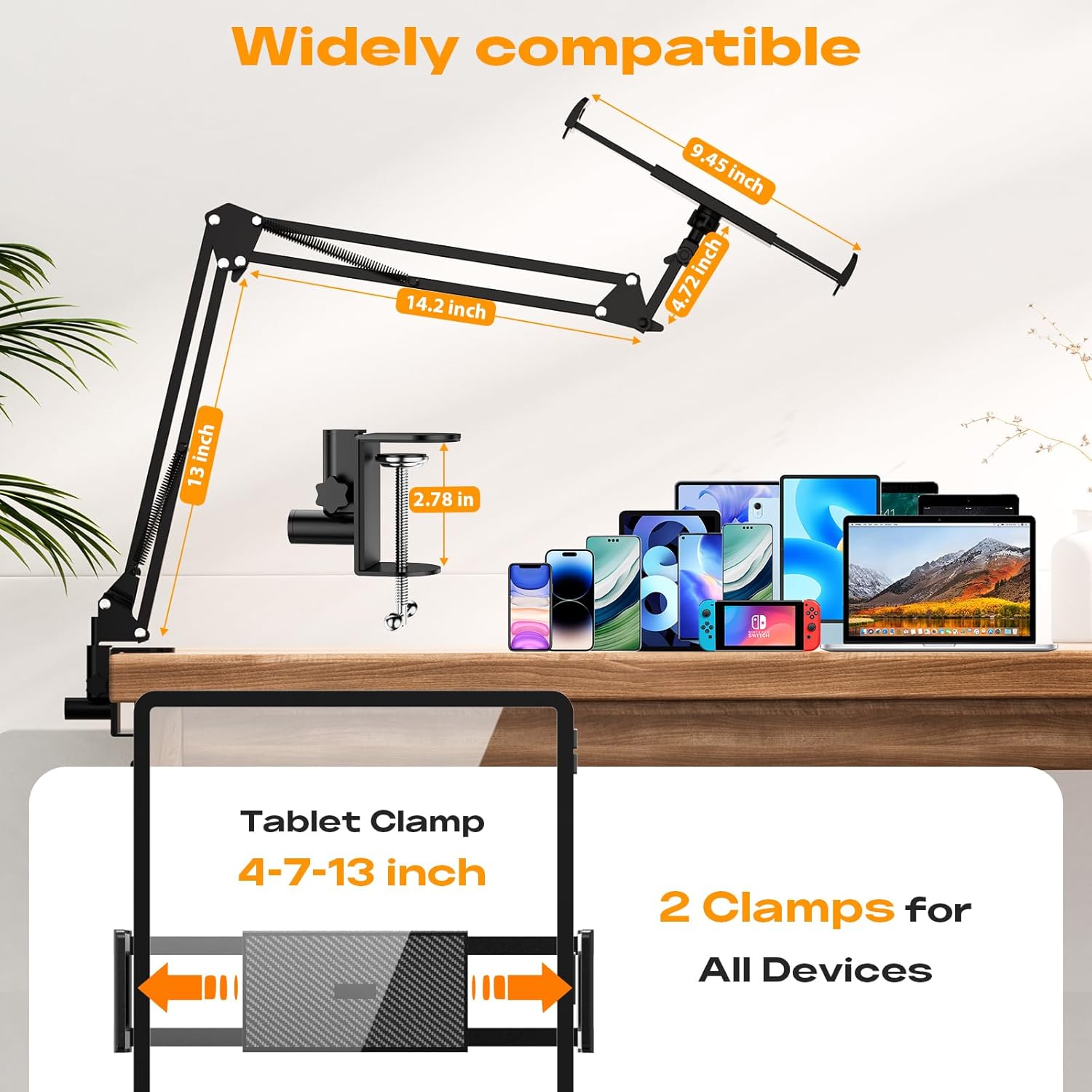 2 Pack Gooseneck Phone Holder for Bed Flexible Long Arm Phone Mount for Desk Upgraded Metal Stable Clip Bed Phone Holder for iPhone iPad mini 7 Kindle Switch All 4.7-13” Devices,Black