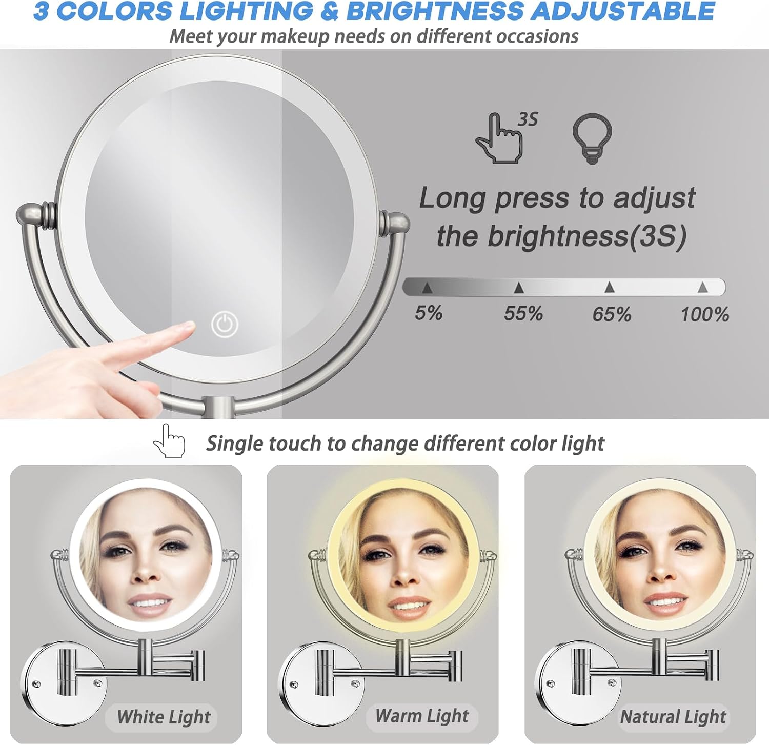 Magnifying Makeup Mirror Wall Mounted with Light, 1X/10X, Hardwired image 3