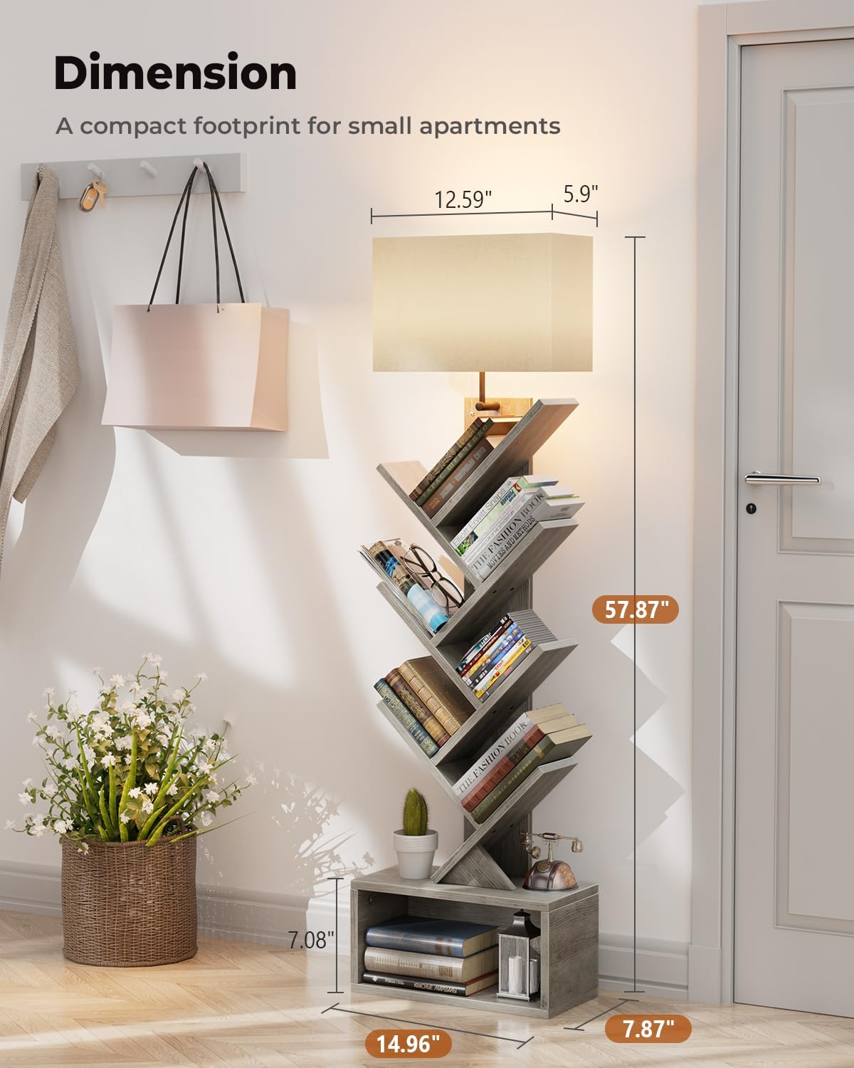evermagin 6 tier tree bookshelf with light, narrow bookcase tower, tall floor standing book shelf organizer with storage cabinet for living room, bedroom and home office, gray grey