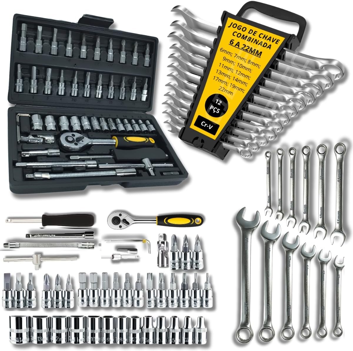 Jogo de Soquetes e Chaves Combinadas 58 Peças Aço Cr-V 6-22mm com Catraca e Maleta Organizadora Kit Jogo Ferramentas Completo para Mecânica e Uso Doméstico