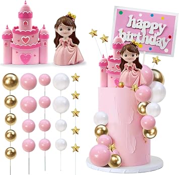26PCS Princess Castle Cake Topper Girl Princess Cake Decoration Happy Birthday Insert Cards for Girl Birthday Party Supplies