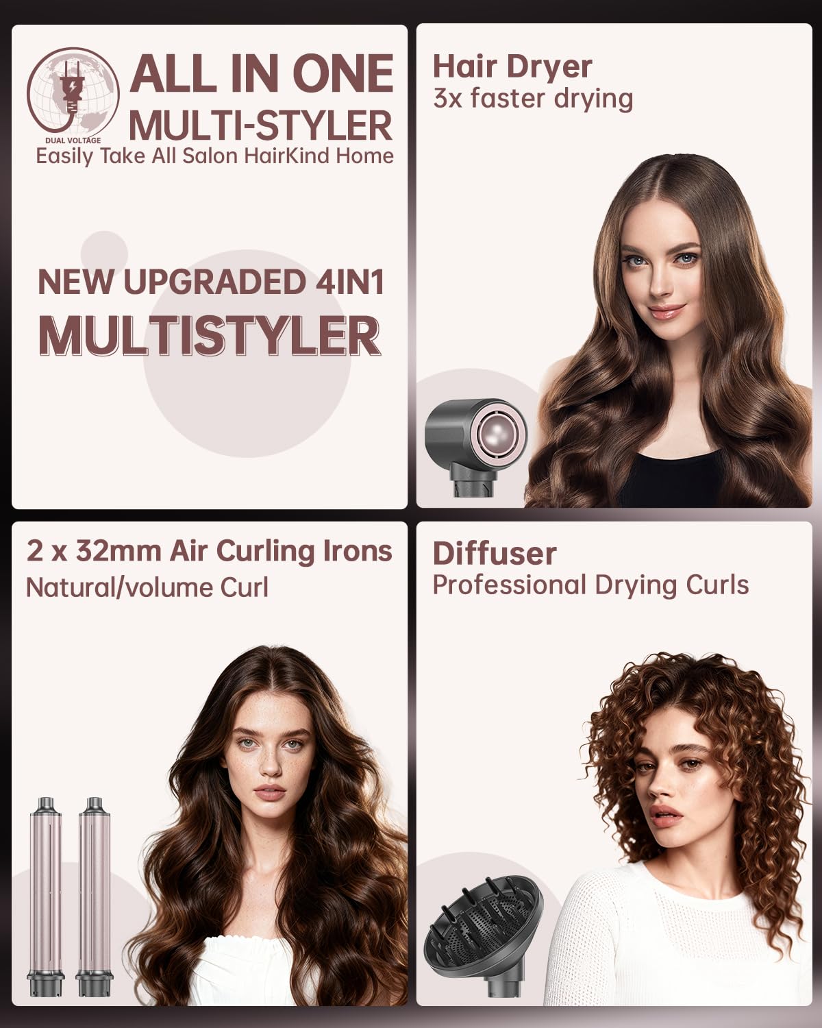 webeauty 4in1 Seche Cheveux Diffuseur Boucle avec Boucleur a Cheveux | 110,000 TR/Min,30M/S, Seche Cheveux Professionnel avec Boucleur Automatique,Diffuseur, 500 Millions d'ions Négatifs Airstyler
