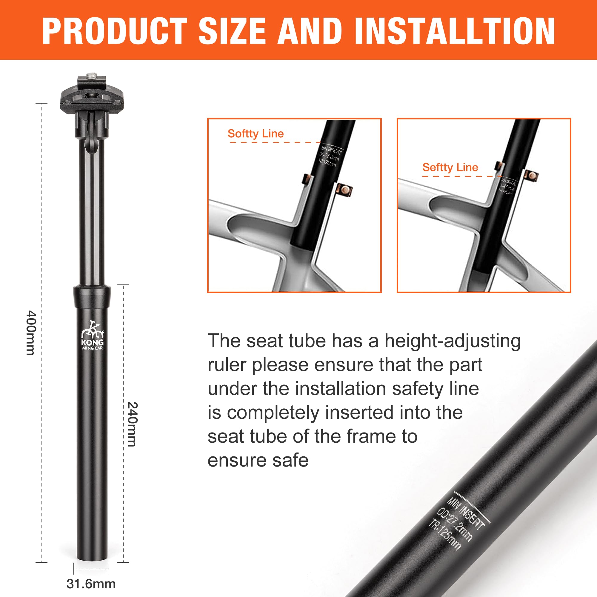 Dropper Post 27,2/30,4/30,9/31,6 mm x 445 mm Länge, 125 mm, leichte Sattelstütze aus Aluminiumlegierung, für Mountainbike, Rennrad, BMX, E-Bike