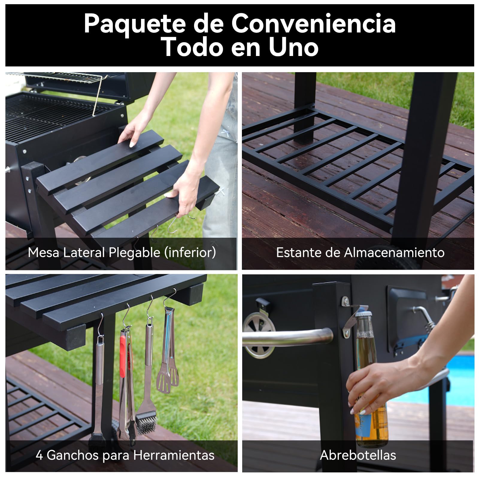 Barbacoa de Carbón, Parrilla con Tapa de Acero de 56×42,5 cm, Bandeja Ajustable en Altura, Mesa Lateral Plegable, Incluye Funda