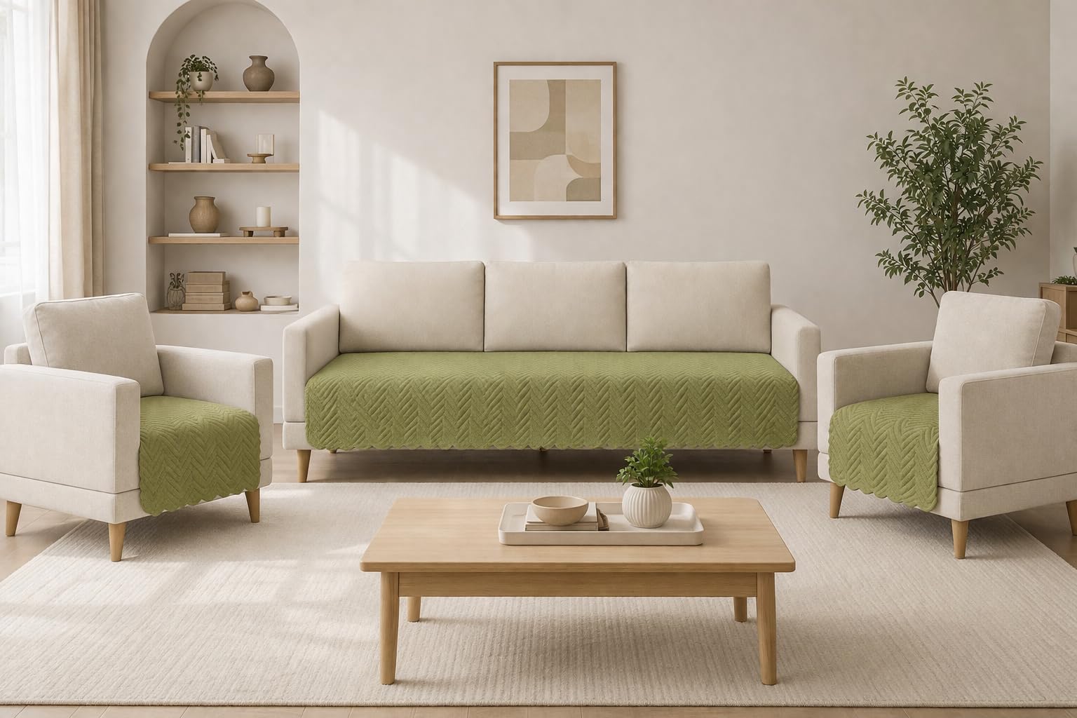 Polyester Quilted Luxury Reversible Sofa Cover Mat for 1/2/3 & 5 Seater Sofa, Non-Slip Washable Slipcover, Furniture Protector for Modern Homes (Olive Green, 5 Seater (3+1+1))-image-31